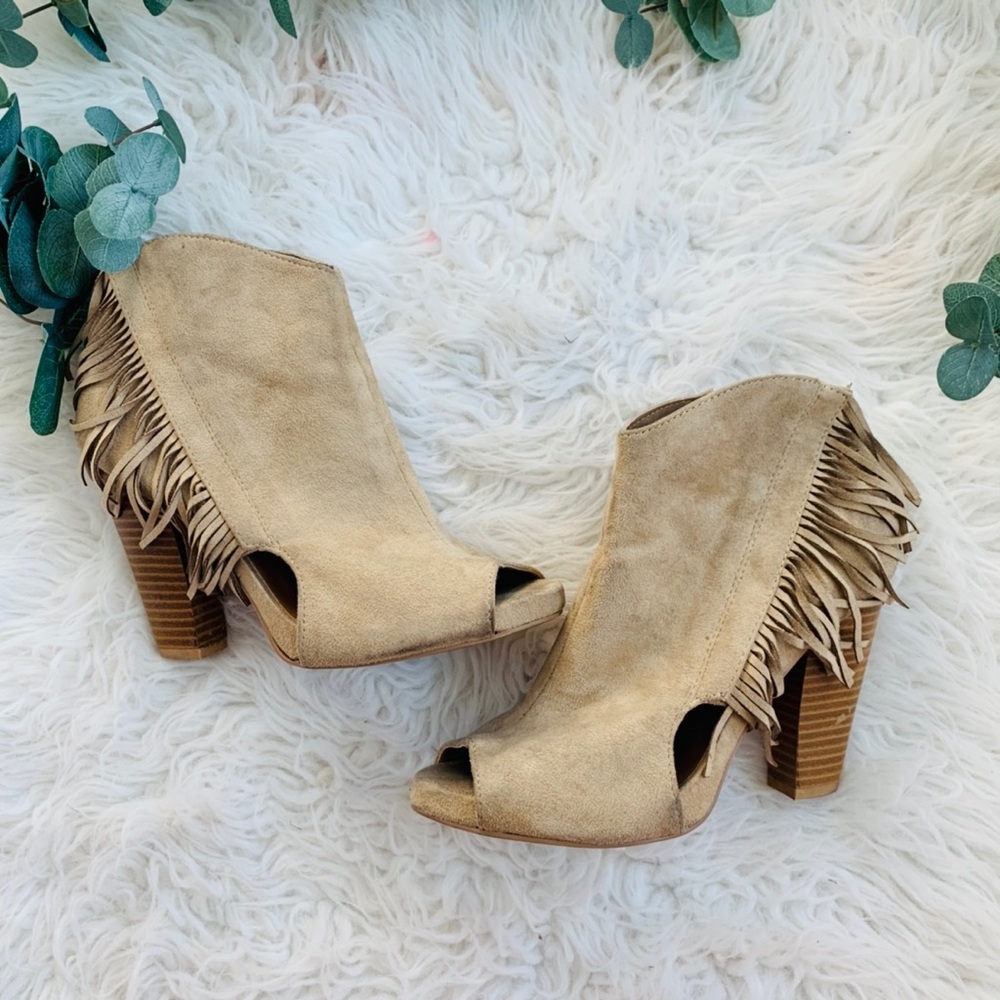 Fringe Peep Toe Heeled Ankle Booties